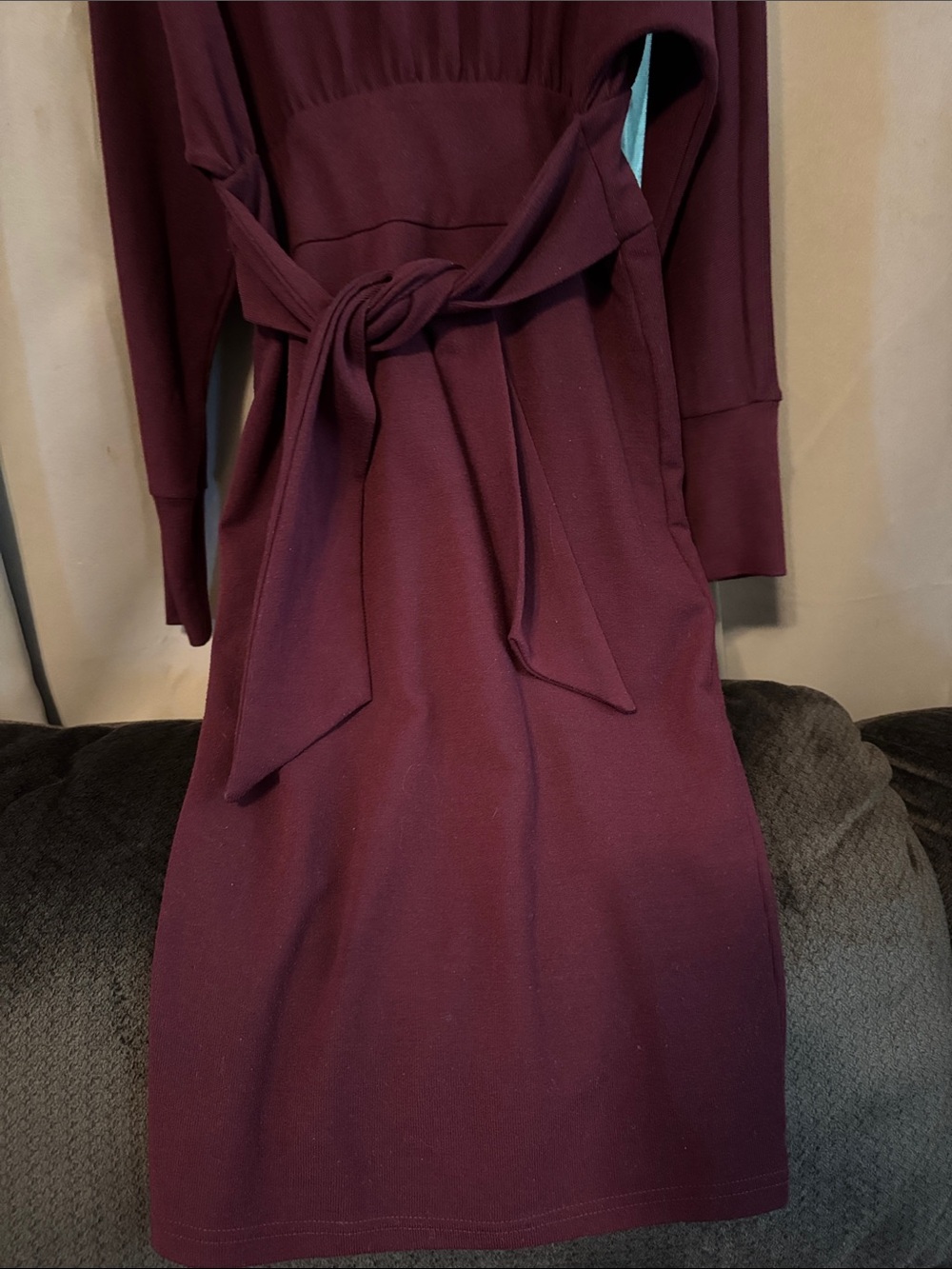 Fashion Nova Long Sleeve Tie-Waist Dress in Burgundy - Picture 4 of 5